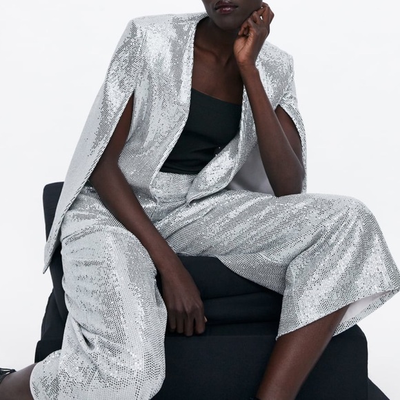 NWT’S Zara Silver Sequin Culottes Size Small & XS - Picture 4 of 8